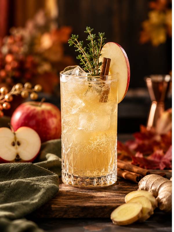 Présentation de l’Apple Ginger Fizz accompagné de pommes, gingembre, citron et épices utilisés pour réaliser ce cocktail aux saveurs automnales. Apple Ginger Fizz avec pomme, gingembre et ingrédients de la recette