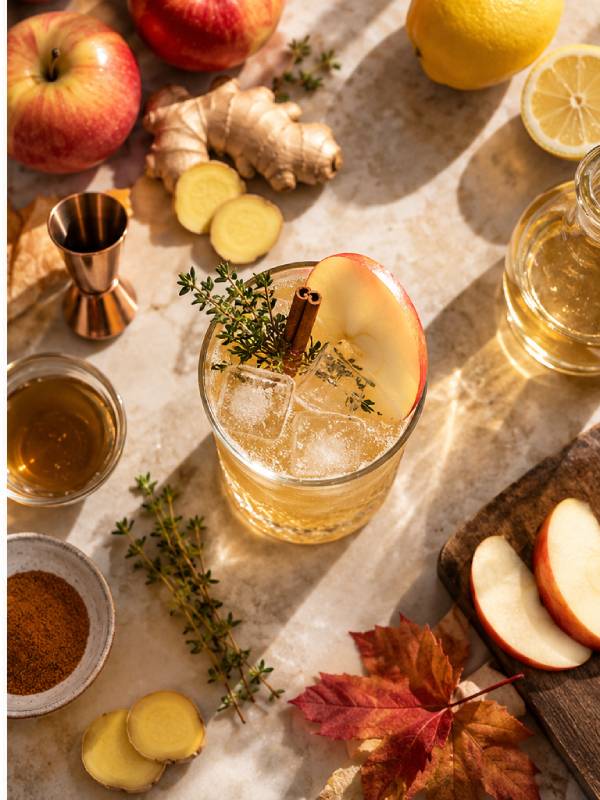 Apple Ginger Fizz servi avec des glaçons, une tranche de pomme et des épices, dans une ambiance chaleureuse aux couleurs de l’automne. Apple Ginger Fizz à la pomme et au gingembre, cocktail d’automne